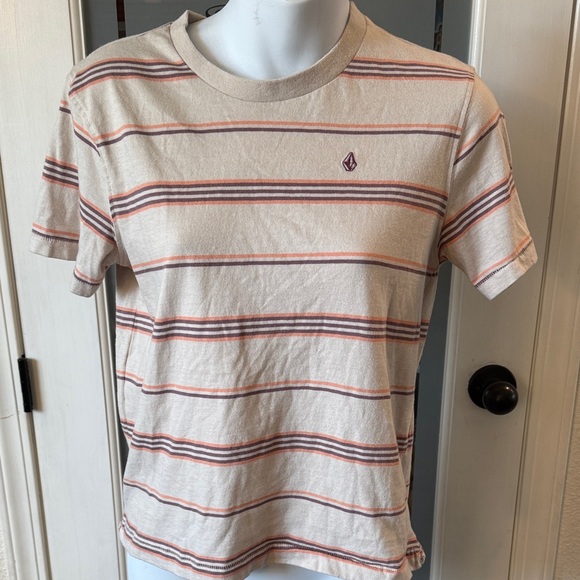Volcom Beige and Red Striped Women's Tee - Picture 1 of 4